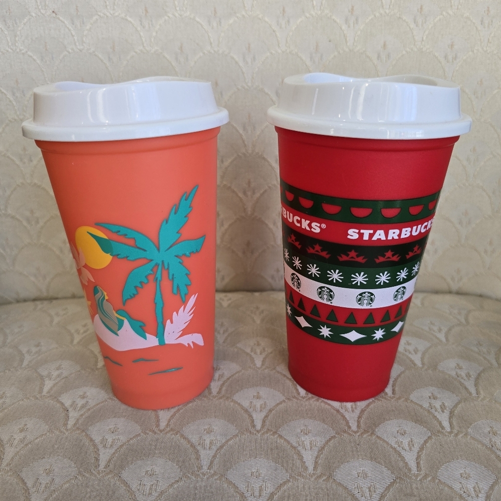 LOT OF 2 STARBUCKS 16 FL OZ REUSABLE PLASTIC CUPS HOLIDAY XMAS HAWAIIAN MERMAID